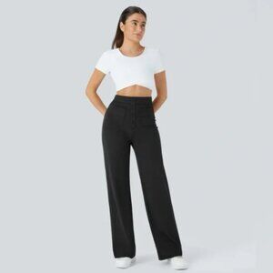 Halara High Waisted Straight Leg Pants Sz Medium Tall Black Button Front Pull On